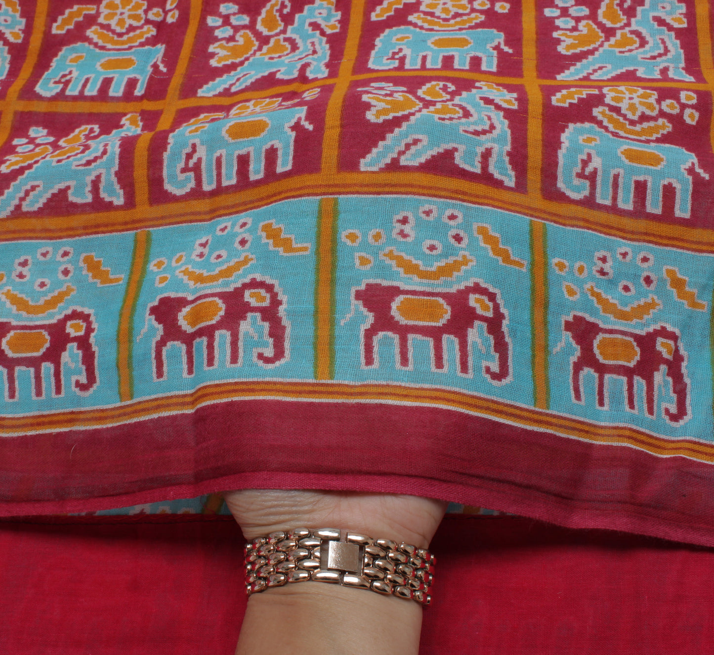 Sushila Vintage Red Saree Pure Cotton Printed Elephant & Birds Soft Craft Fabric