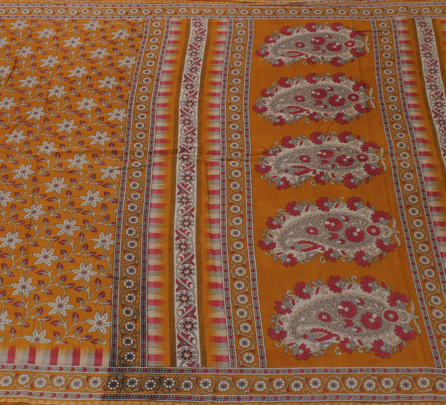 Sushila Vintage Mustard Saree 100% Pure Cotton Printed Floral Soft Craft Fabric