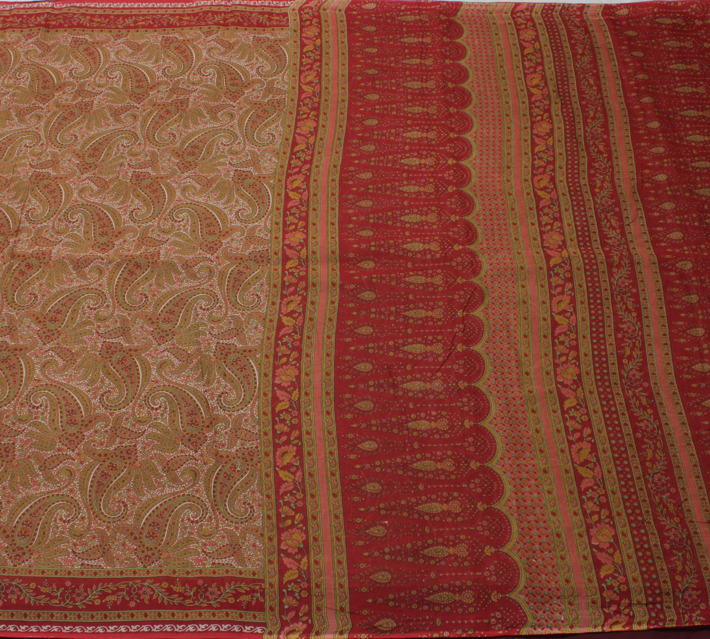 Sushila Vintage Cream Saree 100% Pure Cotton Printed Paisley Soft Craft Fabric