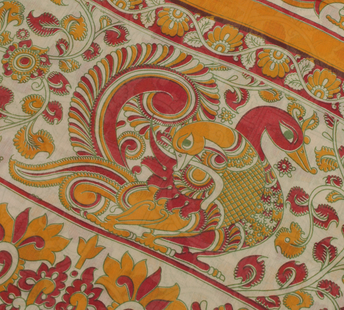 Sushila Vintage Cream Saree 100% Pure Cotton Kalamkari Printed  Craft Fabric