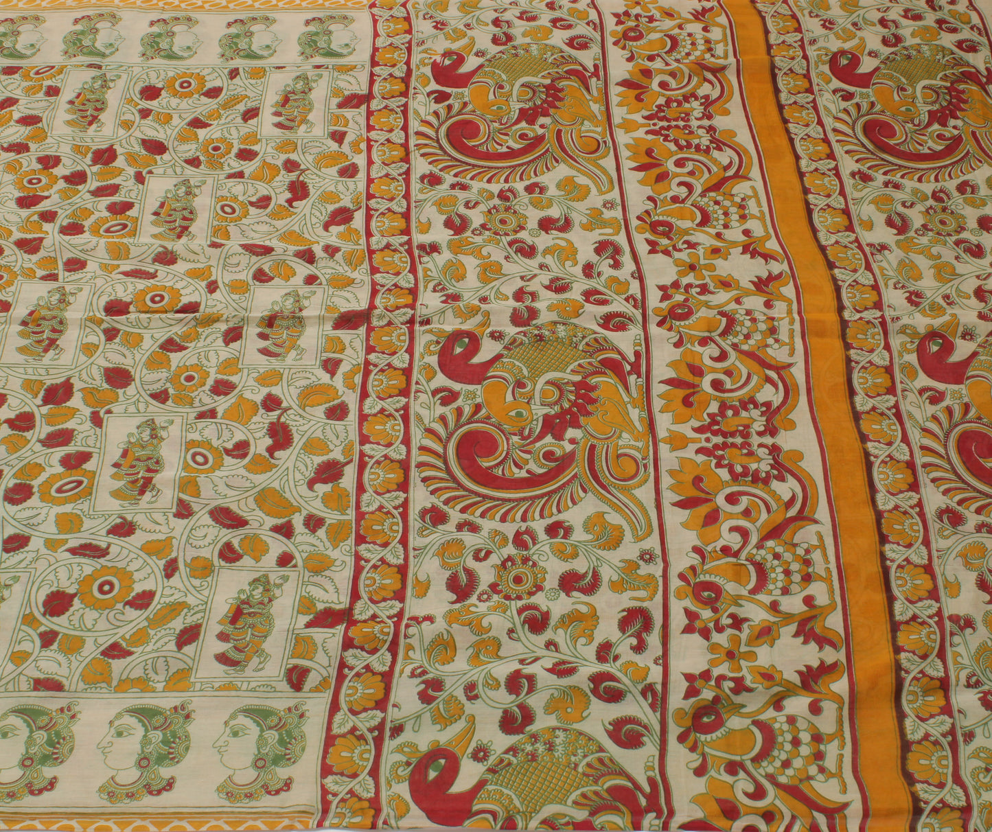 Sushila Vintage Cream Saree 100% Pure Cotton Kalamkari Printed  Craft Fabric