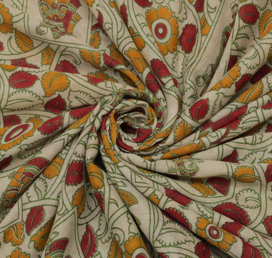 Sushila Vintage Cream Saree 100% Pure Cotton Kalamkari Printed  Craft Fabric