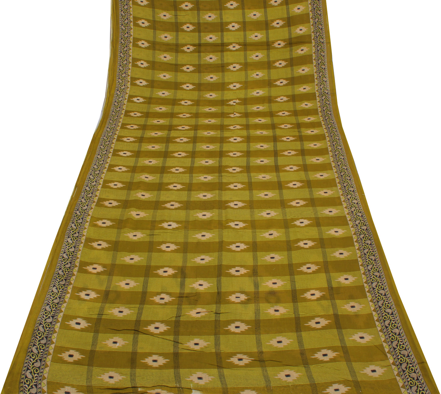 Sushila Vintage Green Saree 100% Pure Cotton Printed Check Soft Craft Fabric