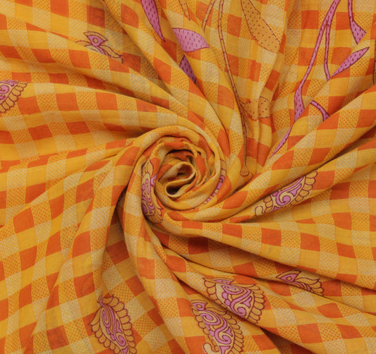 Sushila Vintage Yellow Saree 100% Pure Cotton Printed Floral Soft Craft Fabric