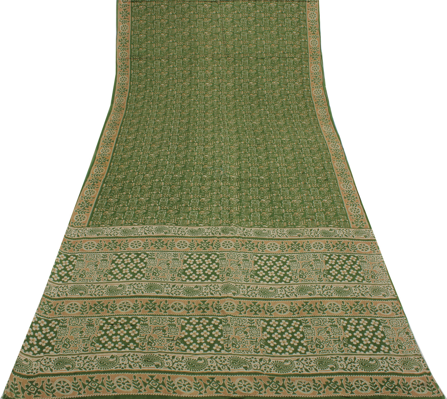 Sushila Vintage Green Saree 100% Pure Cotton Printed Abstract Soft Craft Fabric