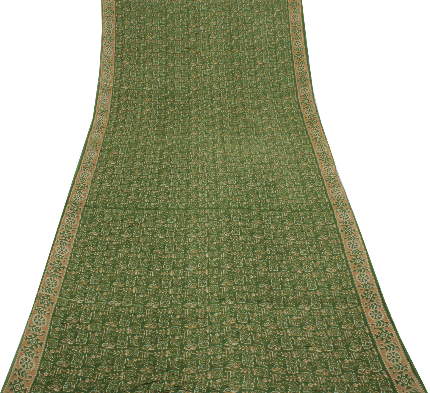 Sushila Vintage Green Saree 100% Pure Cotton Printed Abstract Soft Craft Fabric