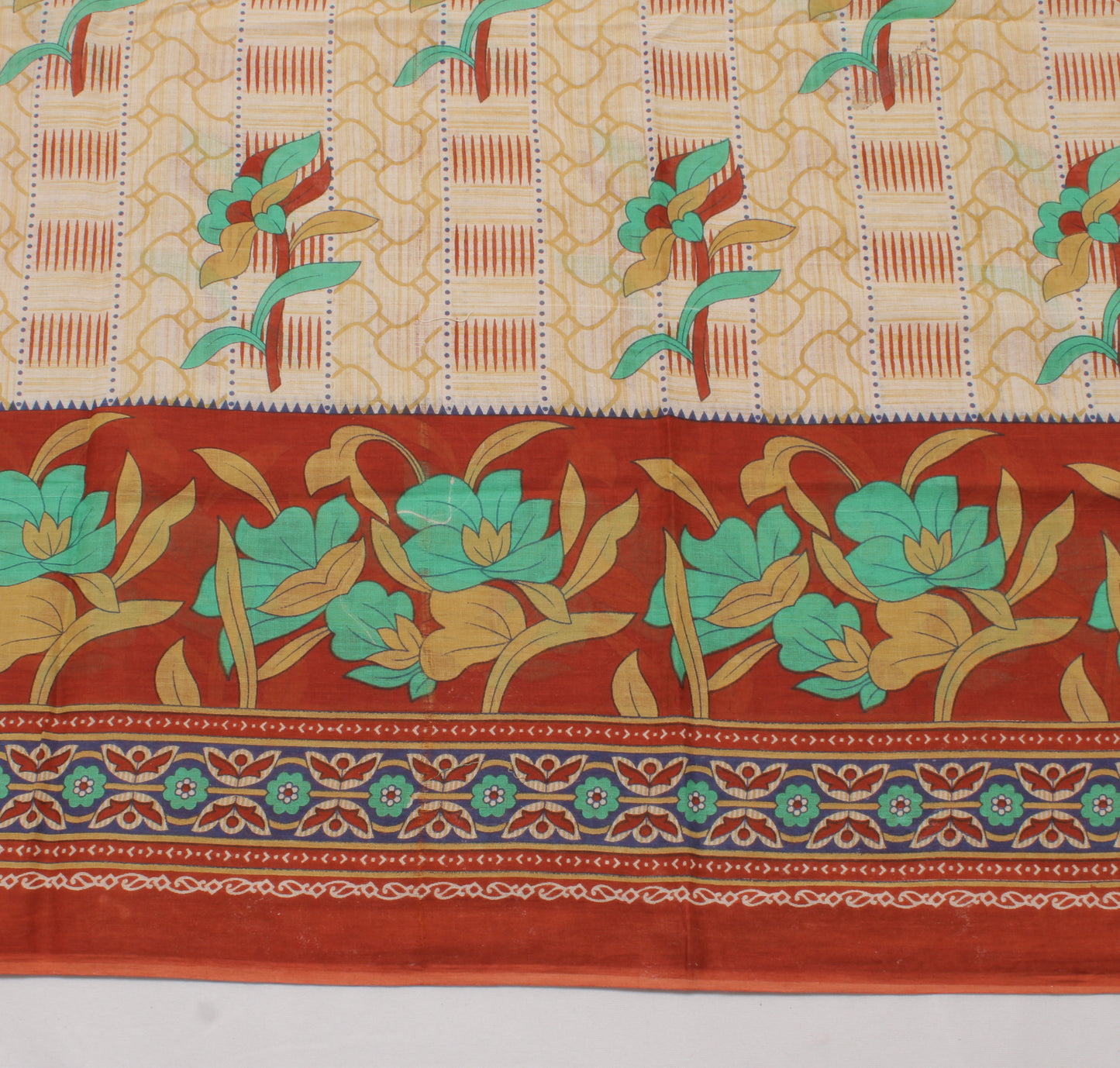 Sushila Vintage Cream Saree 100% Pure Cotton Printed Floral Soft Craft Fabric