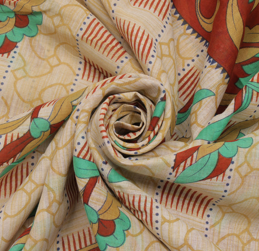 Sushila Vintage Cream Saree 100% Pure Cotton Printed Floral Soft Craft Fabric