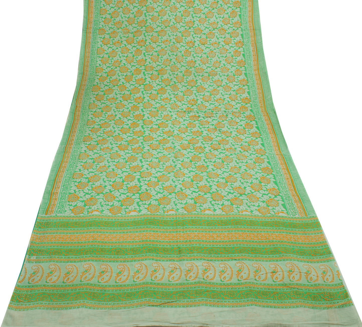 Sushila Vintage Green Saree 100% Pure Cotton Printed Floral Soft Craft Fabric