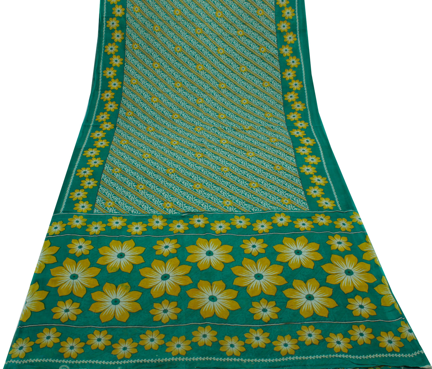 Sushila Vintage Green Saree 100% Pure Cotton Printed Floral Soft Craft Fabric