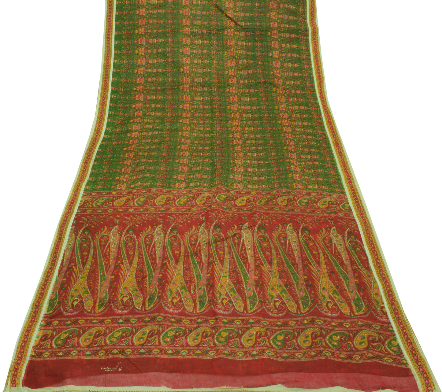 Sushila Vintage Green Indian Saree 100% Pure Cotton Printed Soft Craft Fabric