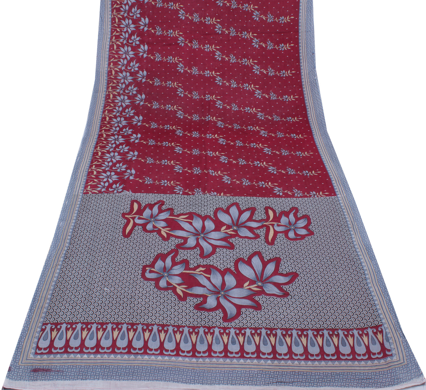 Sushila Vintage Maroon Saree 100% Pure Cotton Printed Floral Soft Craft Fabric