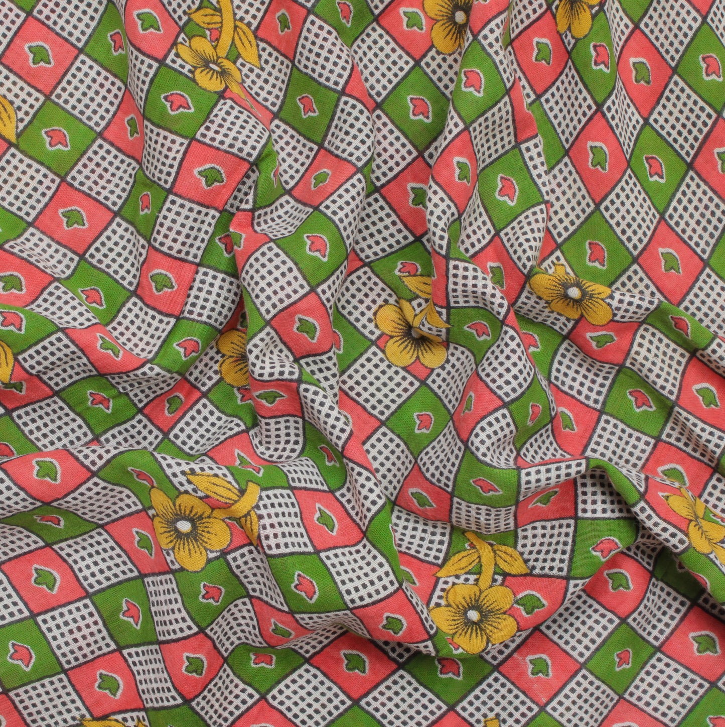 Sushila Vintage Green Saree 100% Pure Cotton Printed Check Soft Craft Fabric