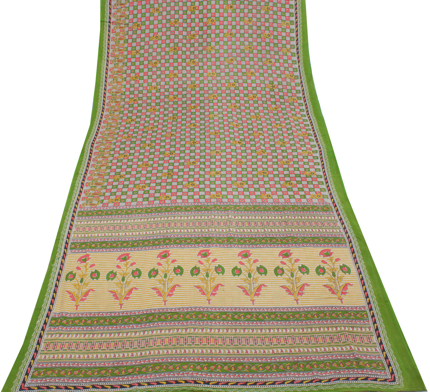 Sushila Vintage Green Saree 100% Pure Cotton Printed Check Soft Craft Fabric