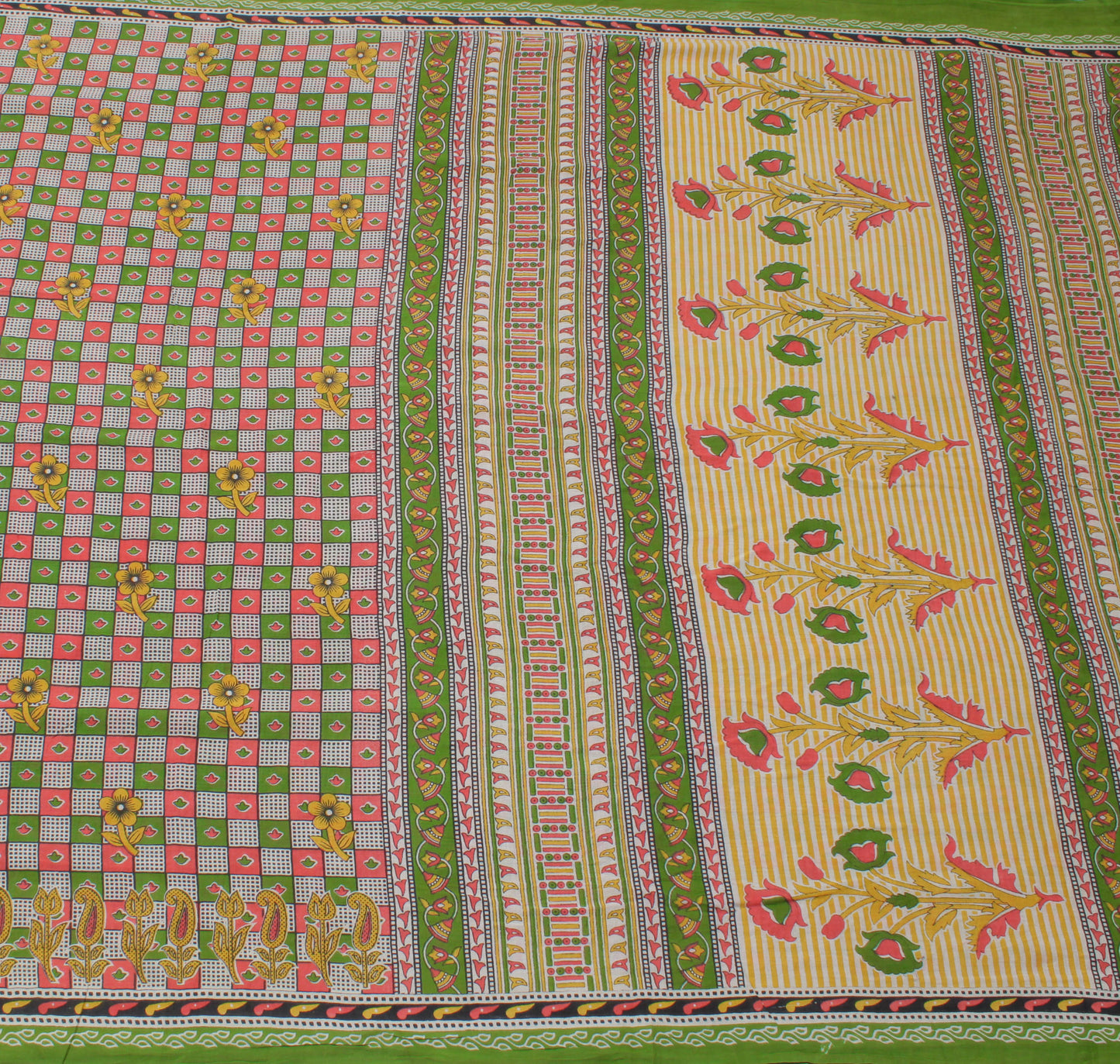 Sushila Vintage Green Saree 100% Pure Cotton Printed Check Soft Craft Fabric