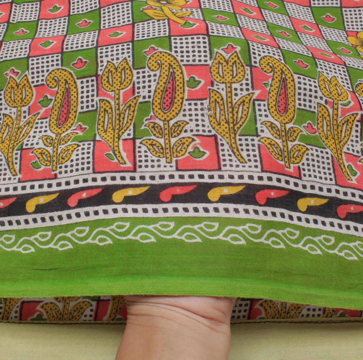 Sushila Vintage Green Saree 100% Pure Cotton Printed Check Soft Craft Fabric