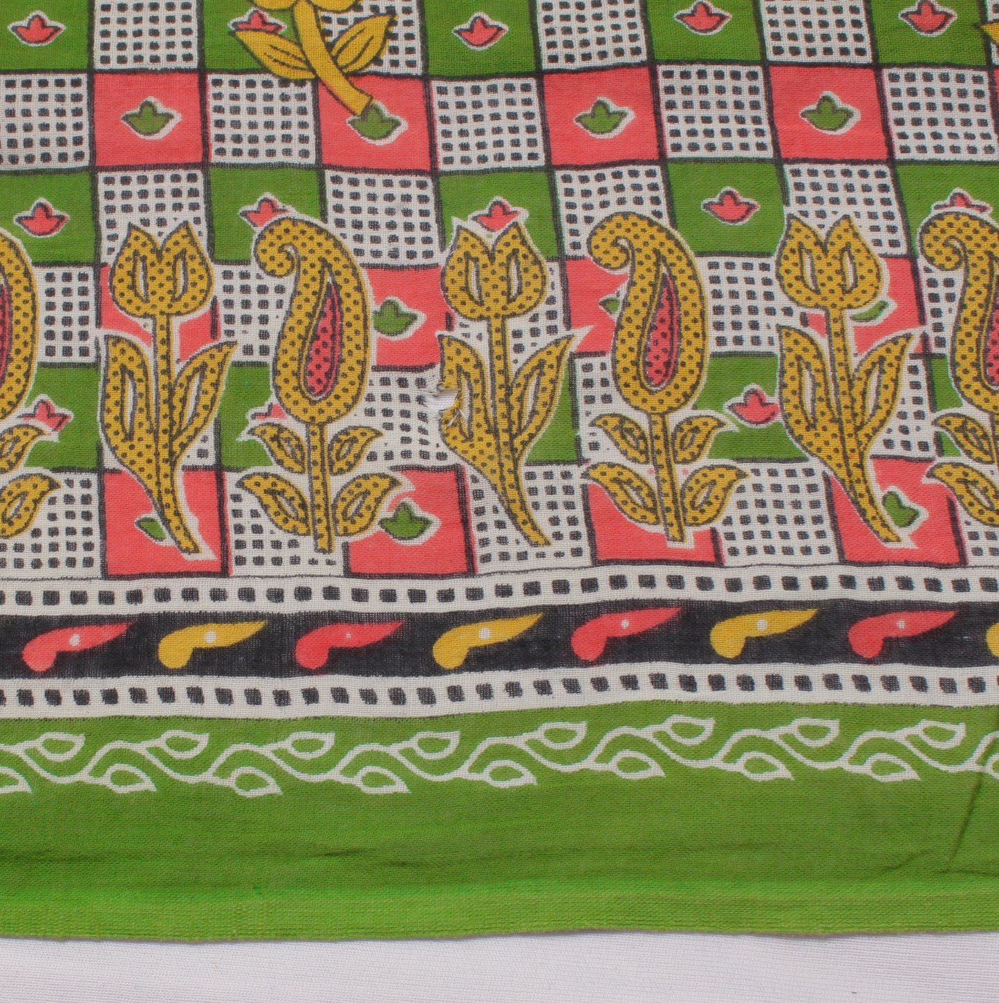 Sushila Vintage Green Saree 100% Pure Cotton Printed Check Soft Craft Fabric