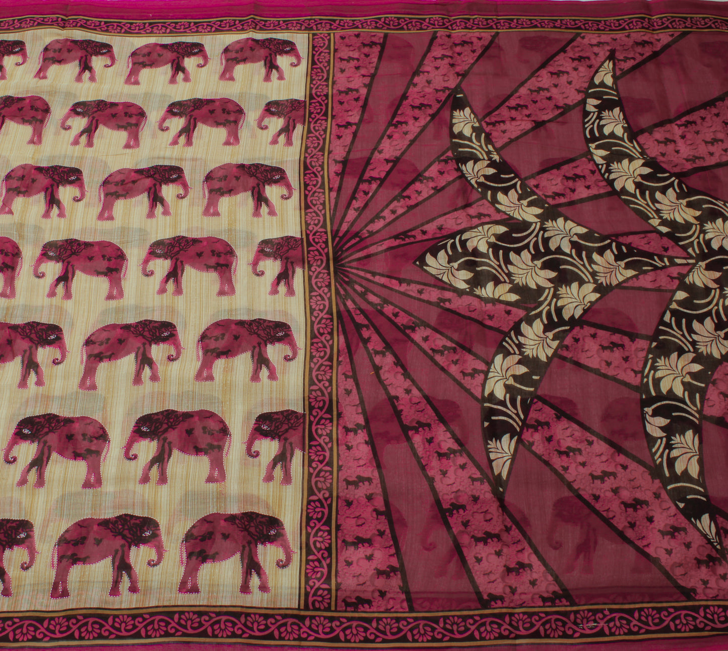 Sushila Vintage Light Brown Sari 100% Pure Cotton Printed Elephant Craft Fabric