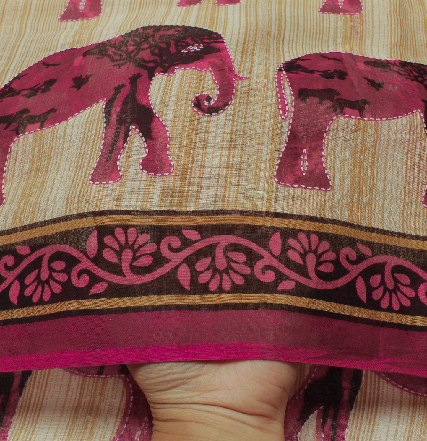 Sushila Vintage Light Brown Sari 100% Pure Cotton Printed Elephant Craft Fabric