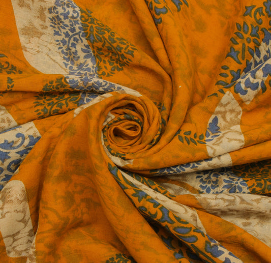 Sushila Vintage Mustard Saree 100% Pure Cotton Printed Floral Soft Craft Fabric