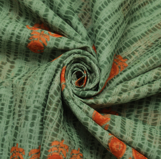 Sushila Vintage Green Saree 100% Pure Cotton Printed Floral Craft Sari Fabric