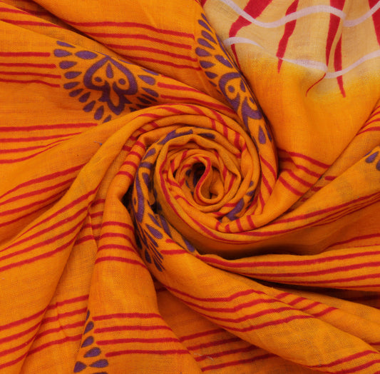 Sushila Vintage Orange Saree 100% Pure Cotton Printed Stripes Soft Craft Fabric