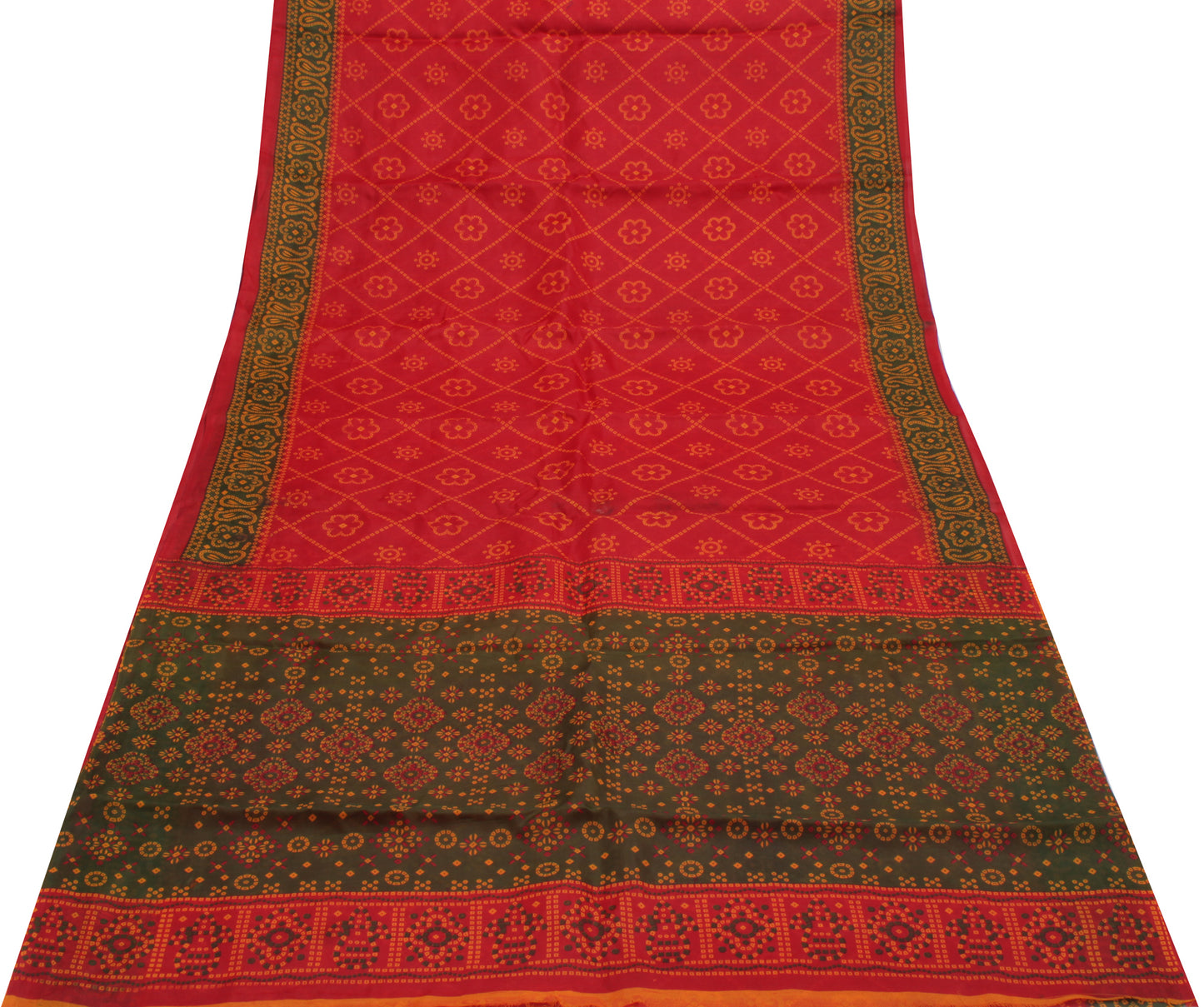 Sushila Vintage Red Indian Saree Blend Cotton Bandhani Printed Craft Sari Fabric