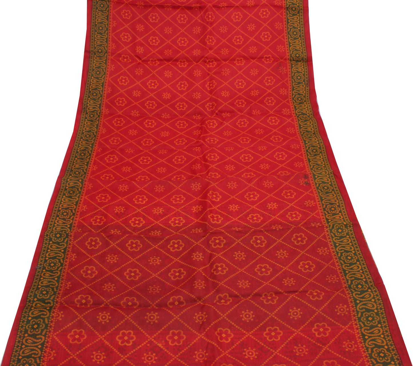 Sushila Vintage Red Indian Saree Blend Cotton Bandhani Printed Craft Sari Fabric