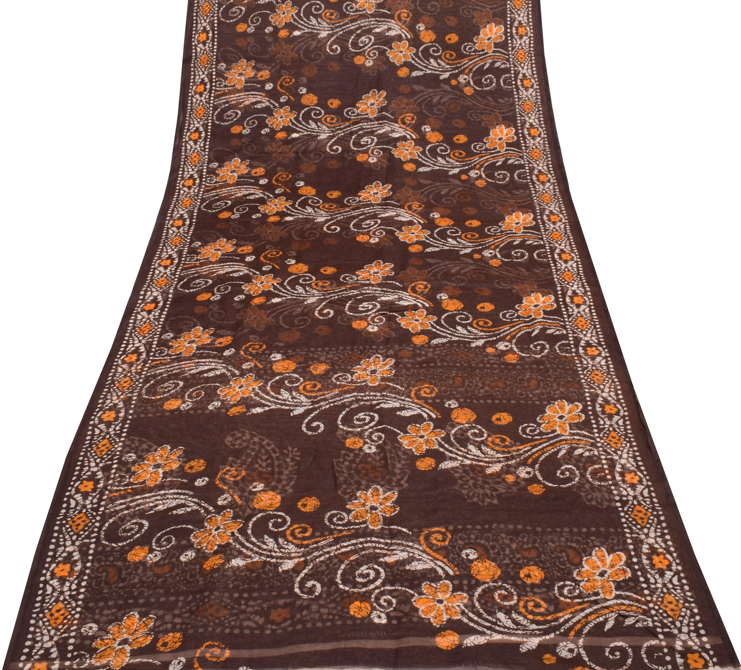 Sushila Vintage Dark Brown Saree Blend Cotton Printed Soft Craft 5 YD Fabric