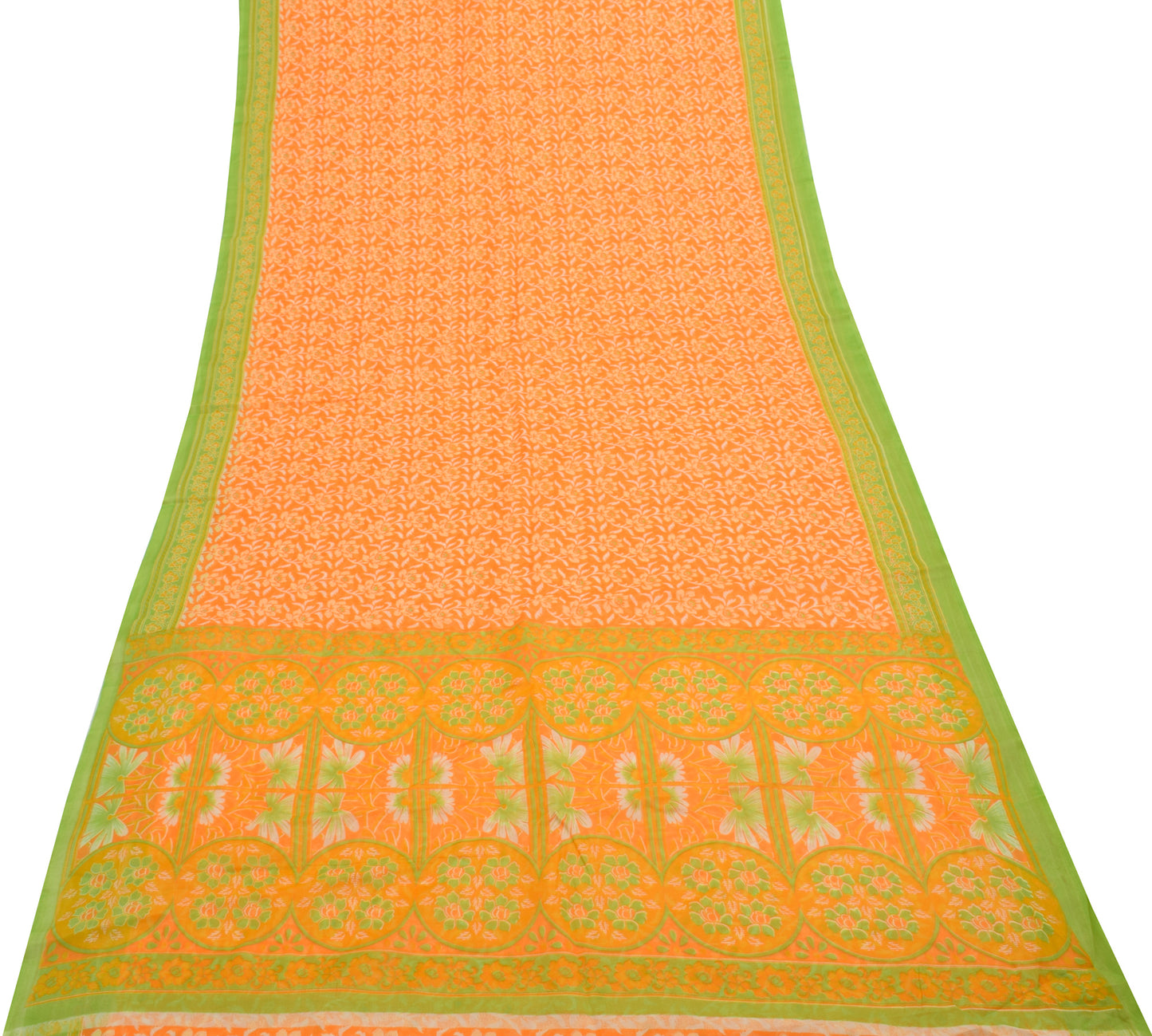 Sushila Vintage Orange Saree Blend Cotton Printed Floral Soft Craft 5 YD Fabric