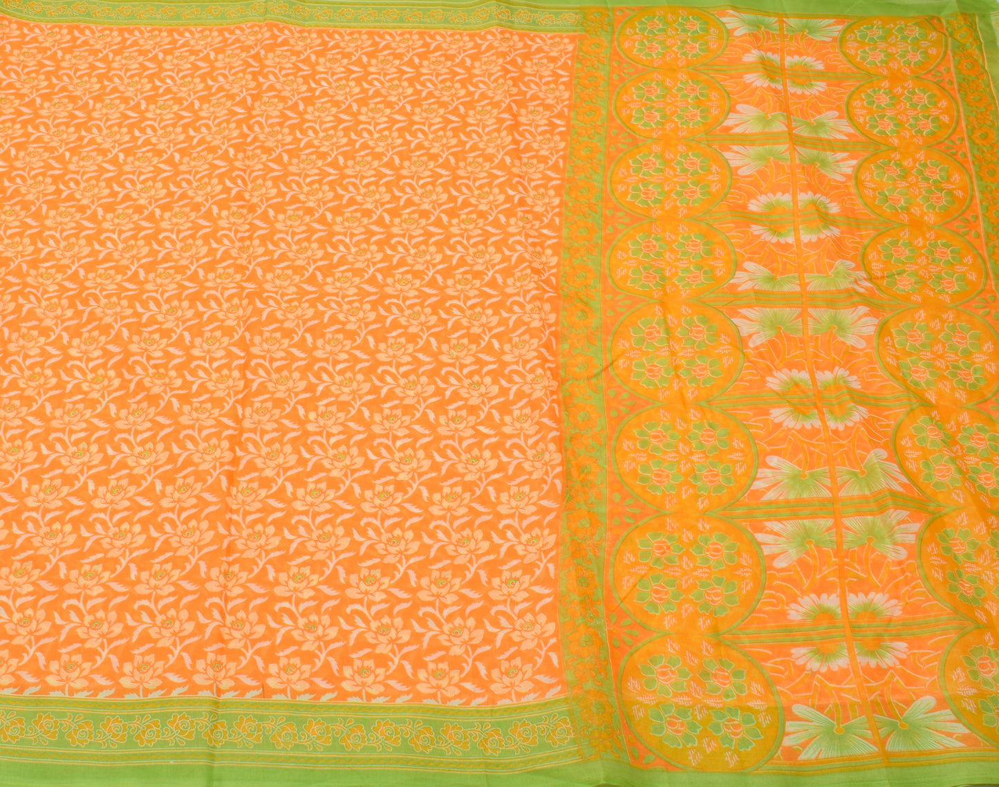 Sushila Vintage Orange Saree Blend Cotton Printed Floral Soft Craft 5 YD Fabric