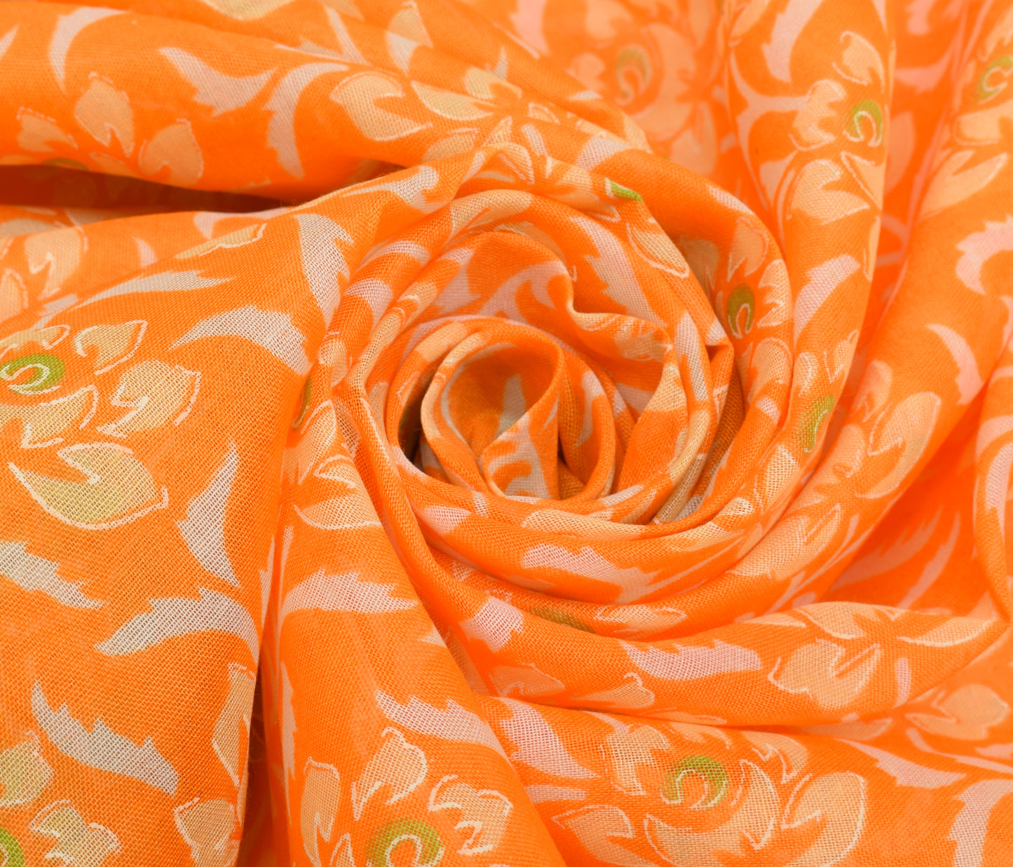 Sushila Vintage Orange Saree Blend Cotton Printed Floral Soft Craft 5 YD Fabric