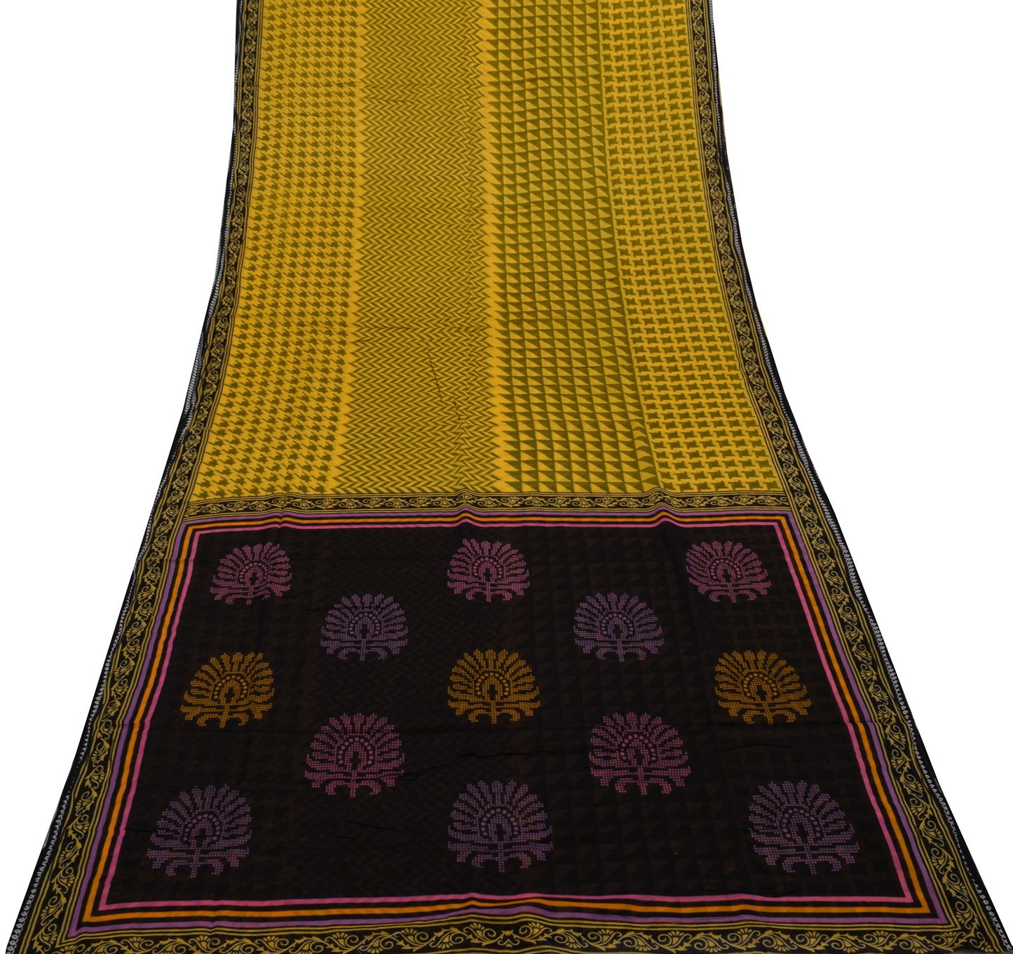 Sushila Vintage Yellow Indian Saree 100% Pure Cotton Printed Soft Craft Fabric