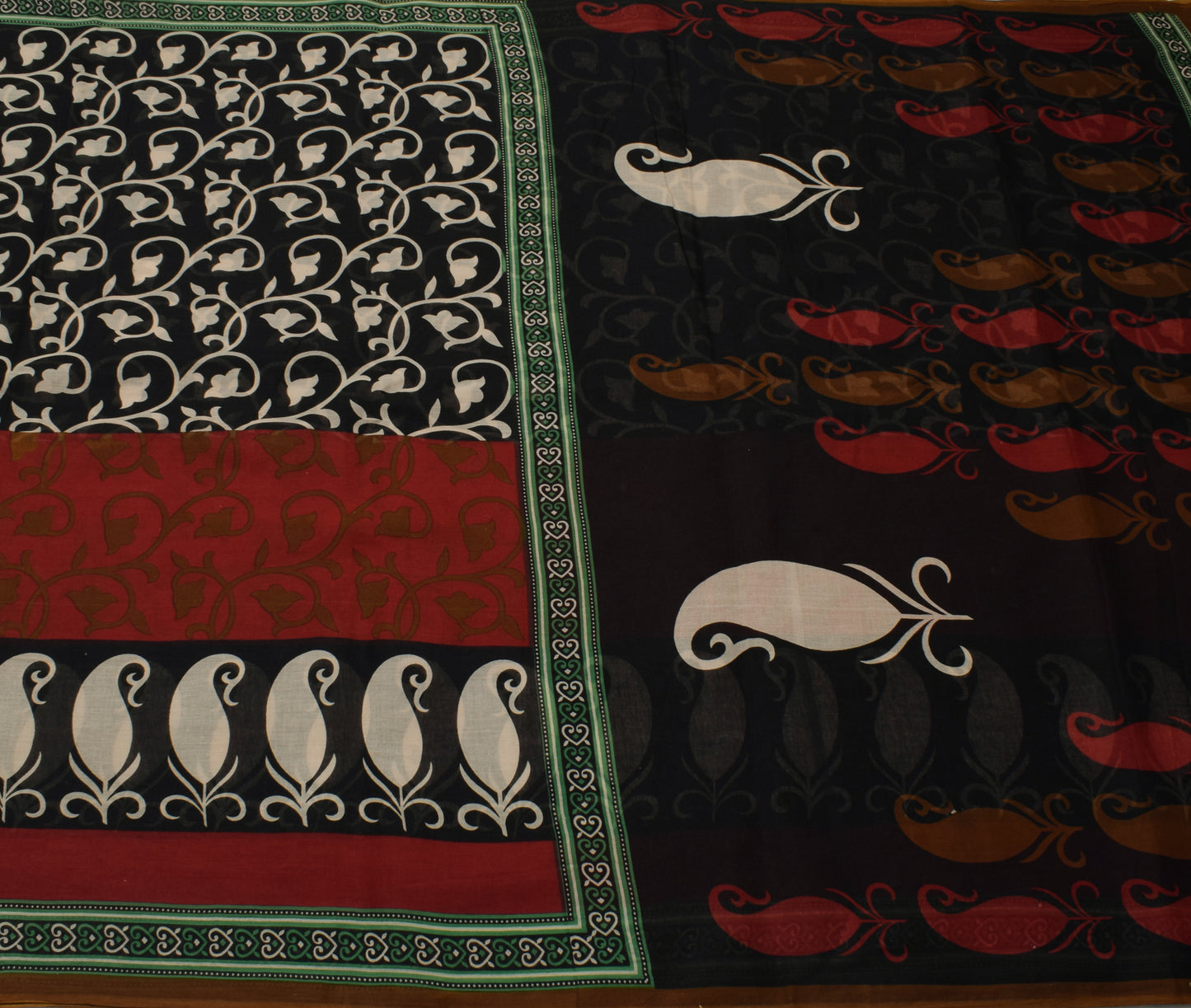 Sushila Vintage Black Saree 100% Pure Cotton Printed Paisley Craft Sari Fabric