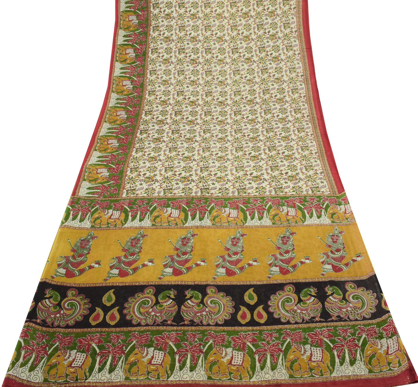 Sushila Vintage Cream Saree 100% Pure Cotton Printed Floral Soft Craft Fabric