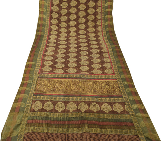 Sushila Vintage Brown Sari 100% Pure Georgette Silk Printed Paisley Craft Fabric