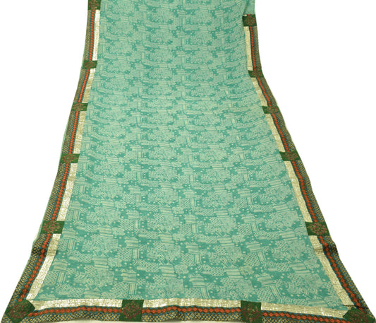 Sushila Vintage Green Saree 100% Pure Georgette Silk Printed Floral Craft Fabric