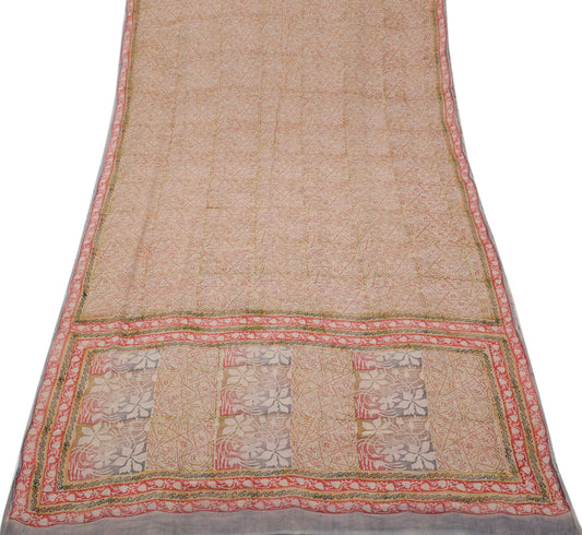 Sushila Vintage Peach Sari Pure Georgette Silk Printed Geometrical Craft Fabric