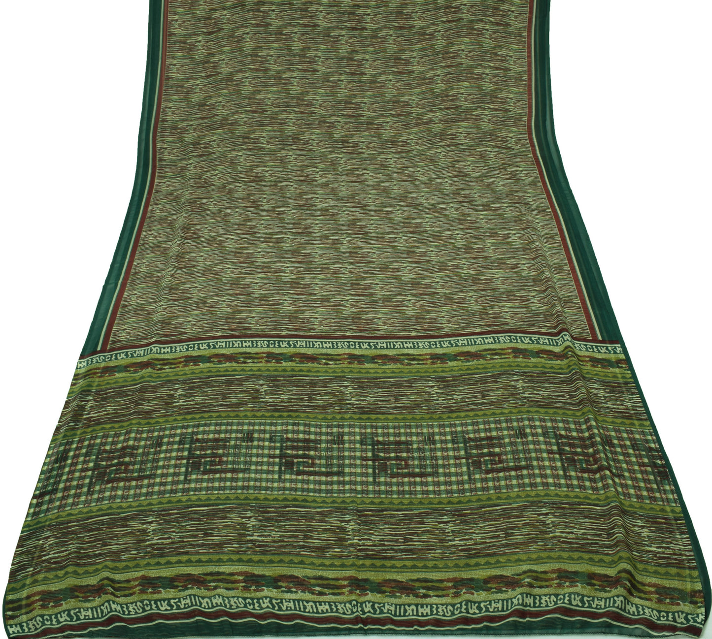 Sushila Vintage Green Saree Blend Georgette Silk Printed Indian Craft Fabric