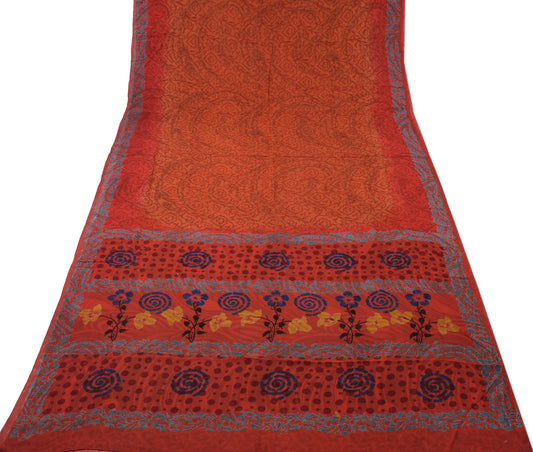 Sushila Vintage Rust Saree 100% Pure Georgette Silk Printed Floral Craft Fabric