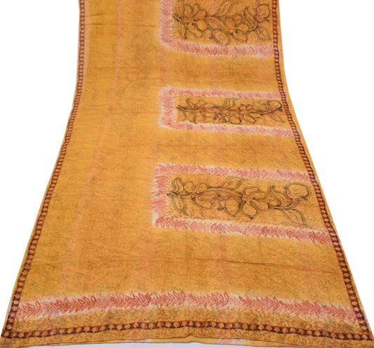 Sushila Vintage Mustard Sari Pure Georgette Silk Printed Floral Craft Fabric