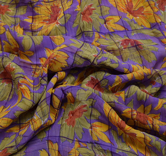 Sushila Vintage Purple Sari 100% Pure Georgette Silk Printed Floral Craft Fabric