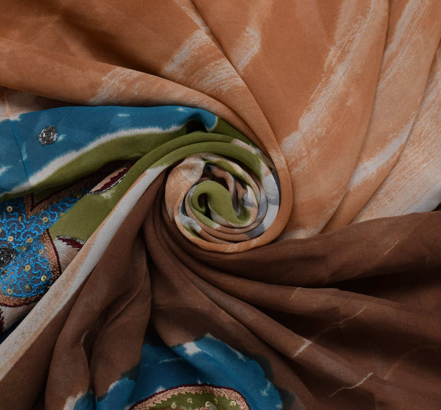 Sushila Vintage Sari 100% Pure Georgette Silk Printed Embroidered Craft Fabric