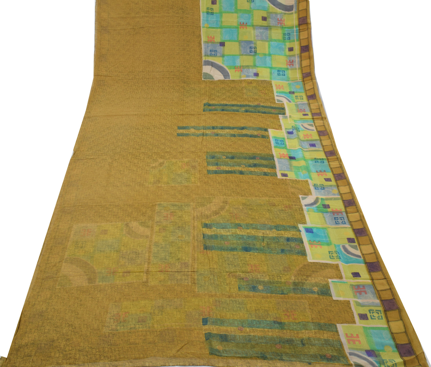 Sushila Vintage Khaki Sari 100% Pure Georgette Silk Printed Indian Craft Fabric