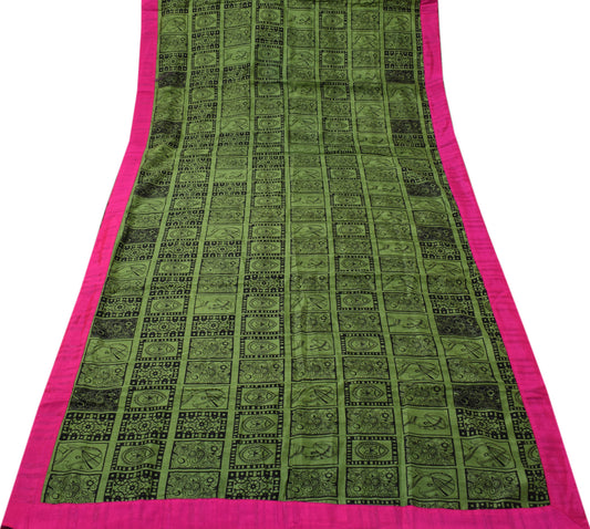 Sushila Vintage Green Saree Blend Georgette Silk Printed Indian Craft Fabric