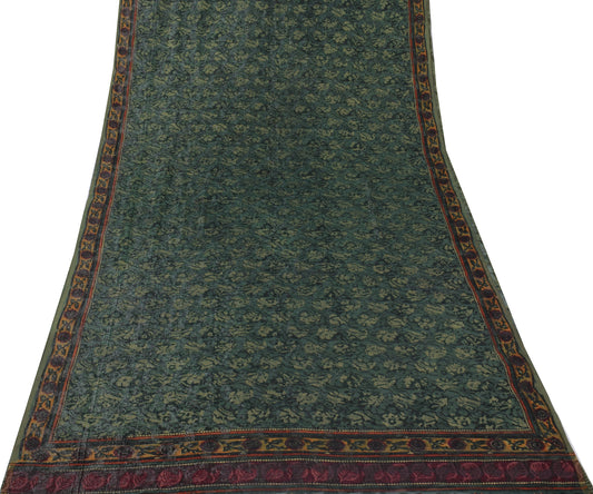 Sushila Vintage Green Sari 100% Pure Georgette Silk Printed & Woven Craft Fabric