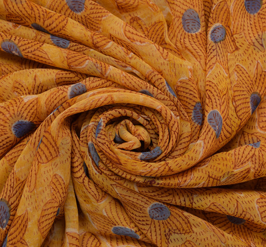 Sushila Vintage Mustard Sari Pure Georgette Silk Printed Floral Craft Fabric