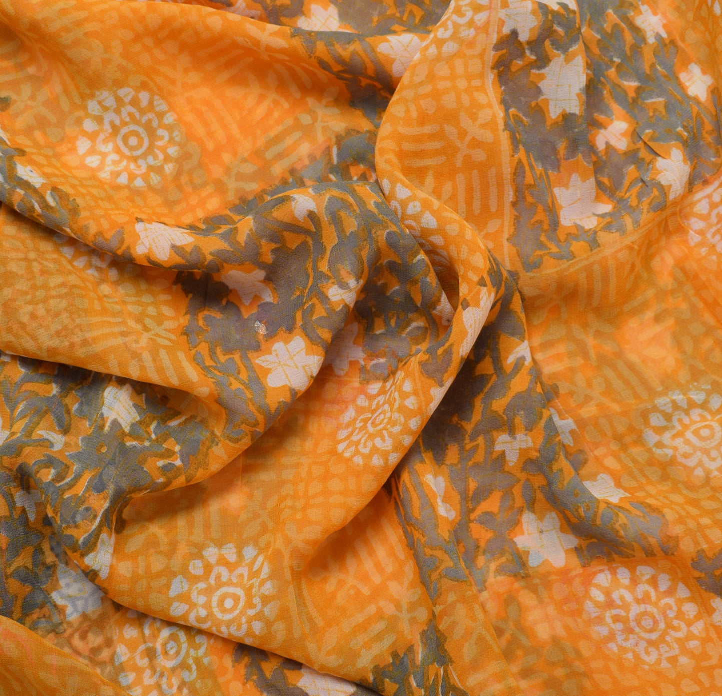 Sushila Vintage Mustard Sari Pure Georgette Silk Embroidered Floral Craft Fabric