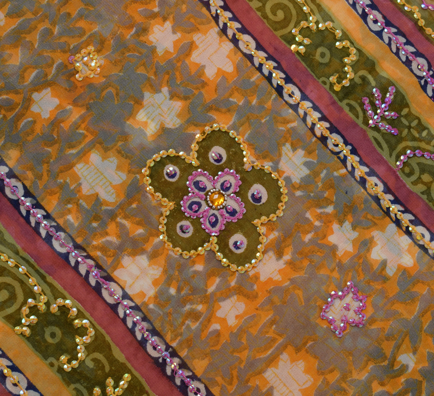 Sushila Vintage Mustard Sari Pure Georgette Silk Embroidered Floral Craft Fabric