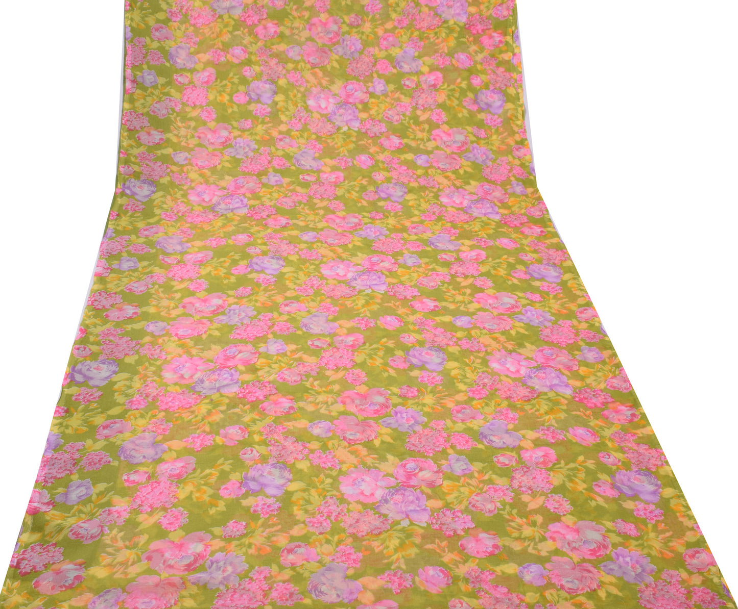 Sushila Vintage Green Saree Blend Chiffon Silk Printed Floral Sari Craft Fabric